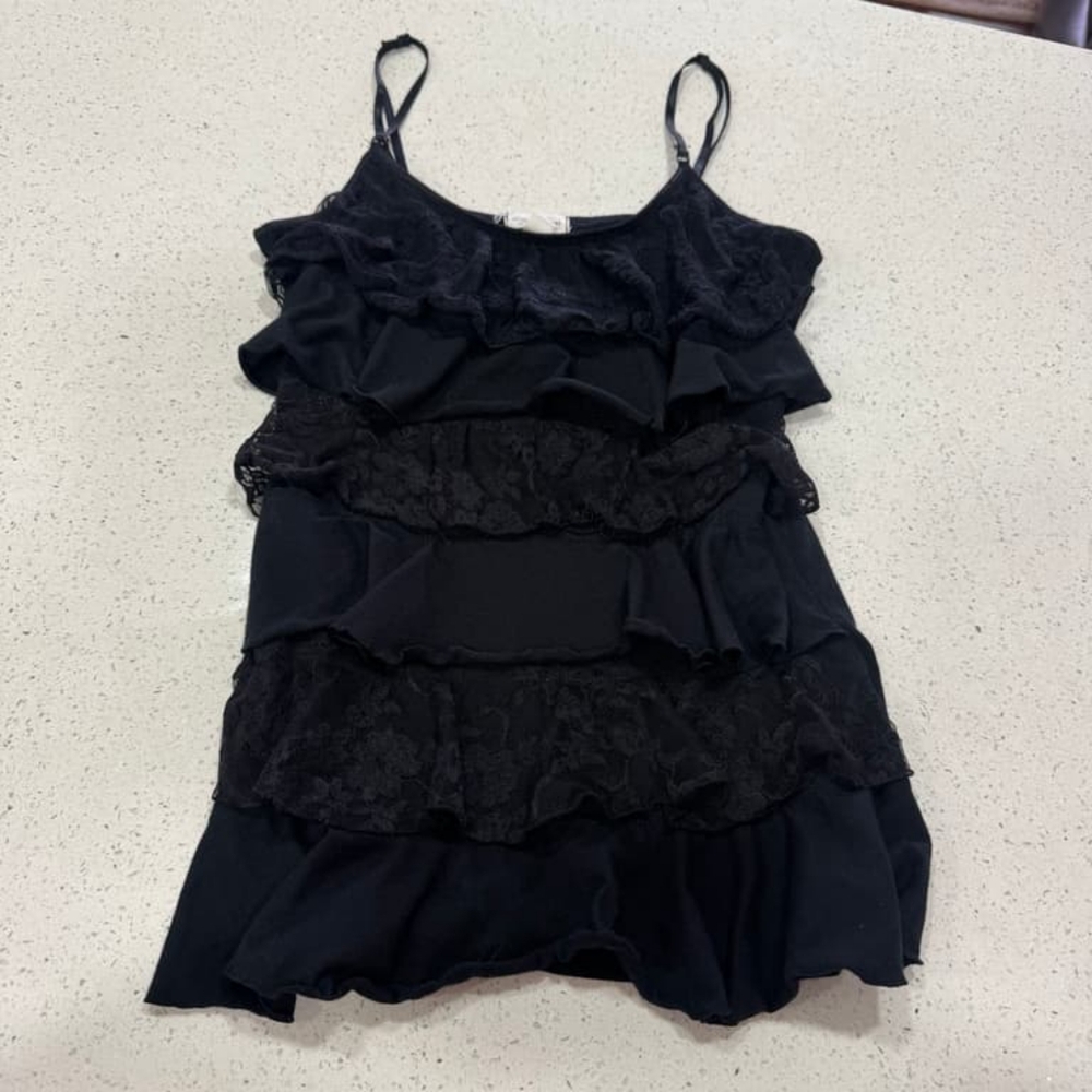 Y2K Zenana Outfitters Black Lace Ruffle Whimsy Fairy Grunge Goth Cami Tank Top
